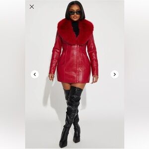Red Faux Fur Collar Leather Jacket